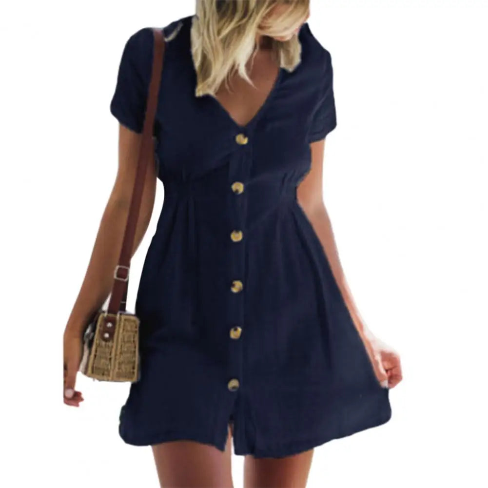 In Europe and the Spring and Summer Independent Stand V-Neck Button Small Broken Loose Women'S Leisure Dress with Short