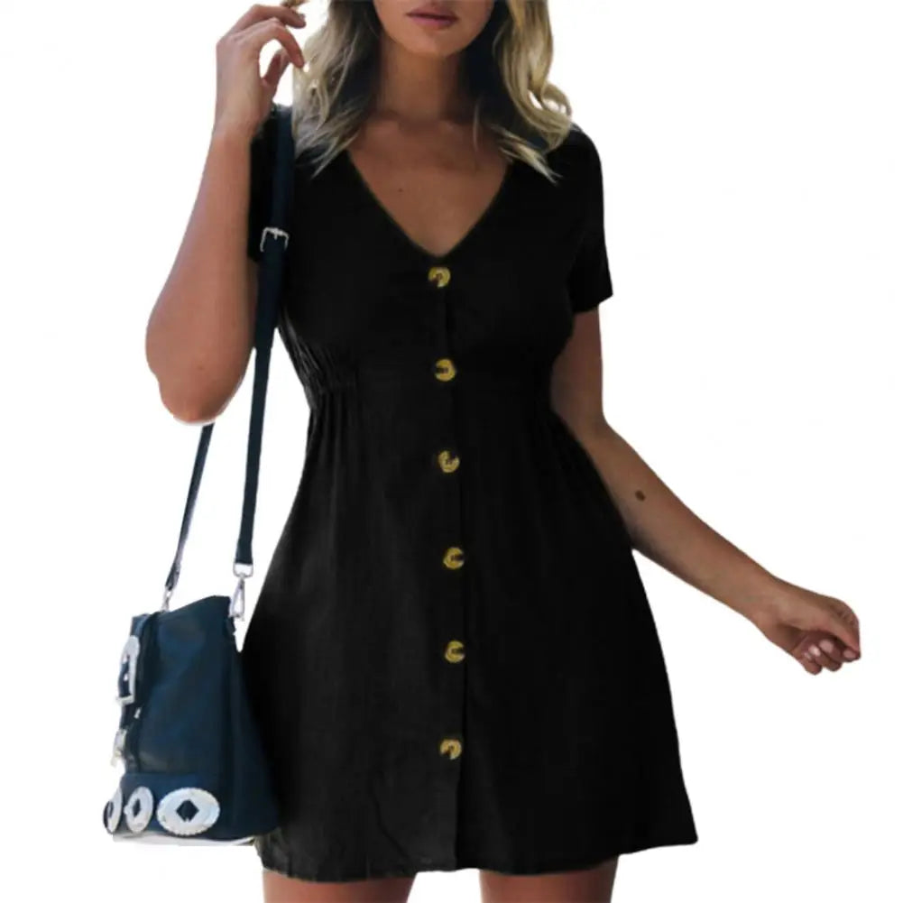 In Europe and the Spring and Summer Independent Stand V-Neck Button Small Broken Loose Women'S Leisure Dress with Short